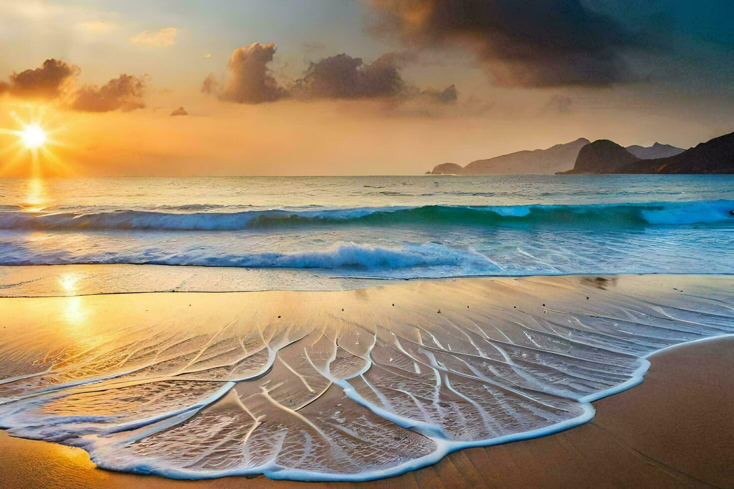 das Sonne steigt an Über das Ozean und Wellen auf das Strand. KI-generiert foto