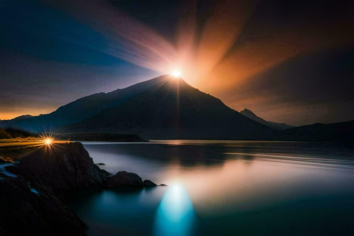 ein Berg mit ein hell Licht leuchtenden Über das Wasser. KI-generiert foto