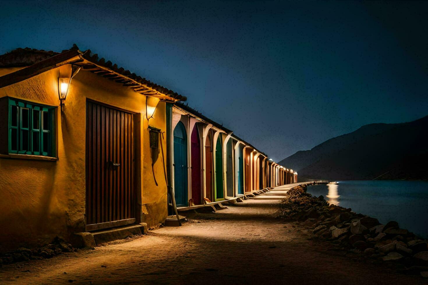 ein Reihe von bunt Häuser durch das Wasser beim Nacht. KI-generiert foto