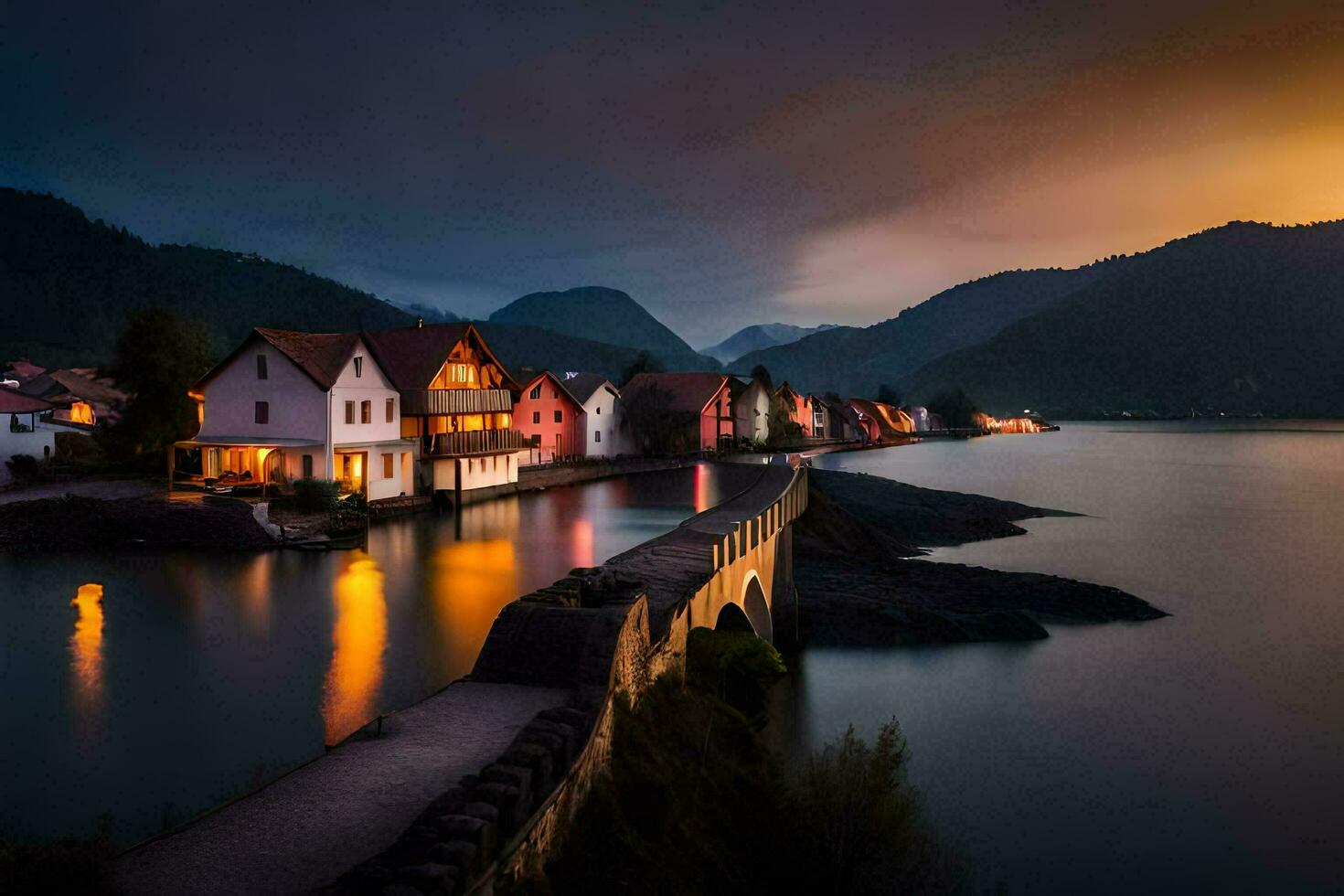 Foto Hintergrund das Himmel, Wasser, Berge, Häuser, das Meer, das Stadt, das Brücke. KI-generiert