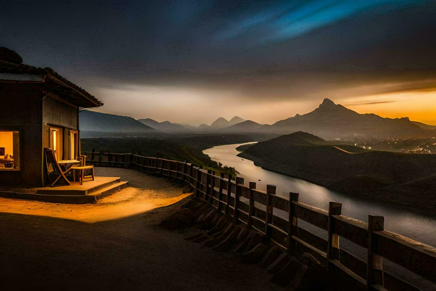 das Aussicht von das Balkon von ein Haus mit Blick auf ein Fluss. KI-generiert foto