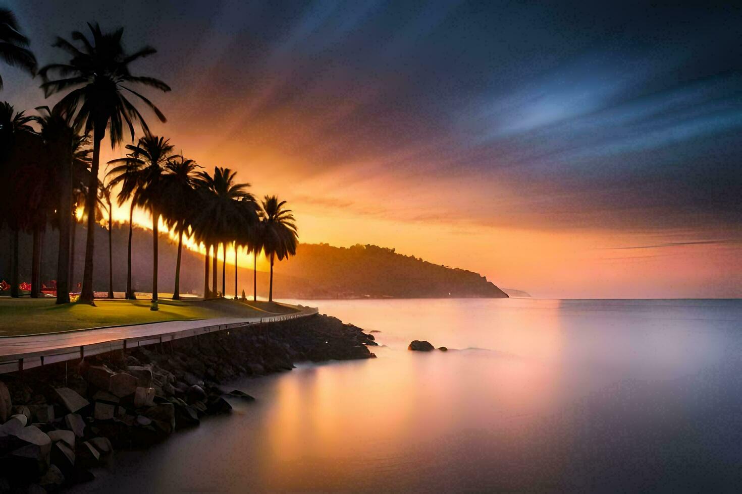 ein Sonnenuntergang Über das Ozean mit Palme Bäume. KI-generiert foto