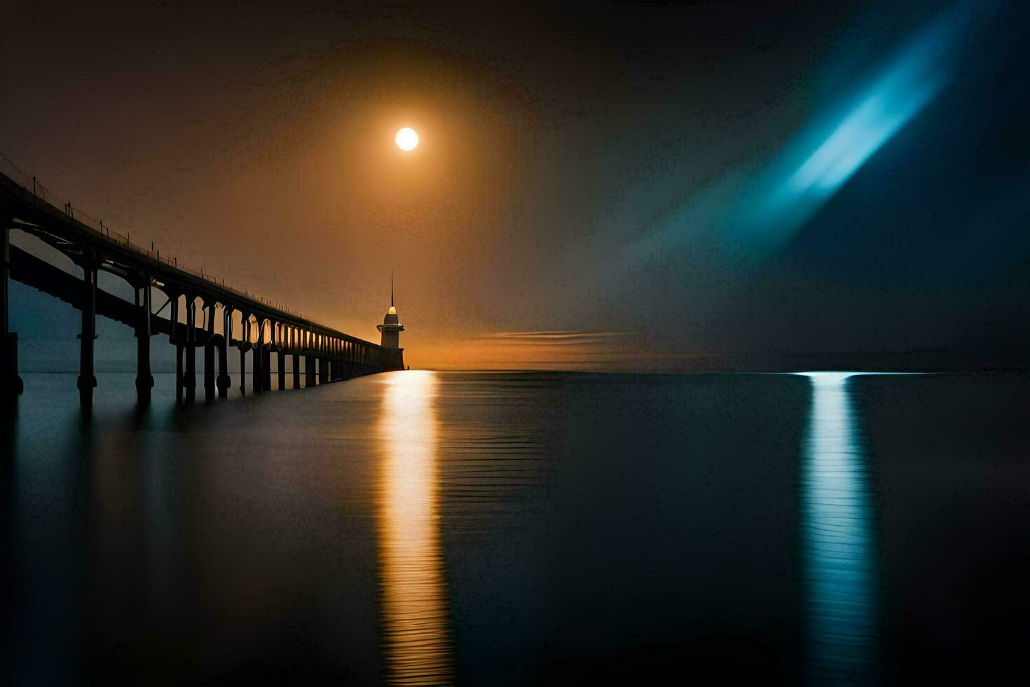 ein Seebrücke mit ein Mond im das Himmel und ein Leuchtturm. KI-generiert foto