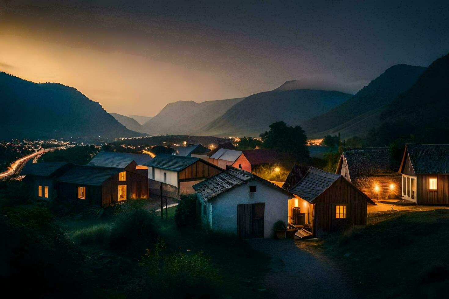 Foto Hintergrund das Himmel, Berge, Häuser, Nacht, Norwegen, das Dorf, das Dorf. KI-generiert