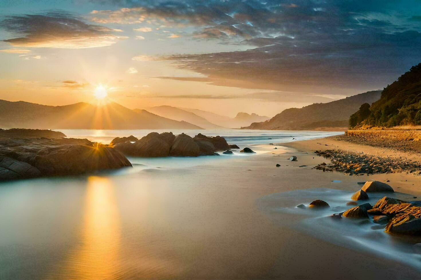 das Sonne setzt Über ein Strand und Felsen. KI-generiert foto