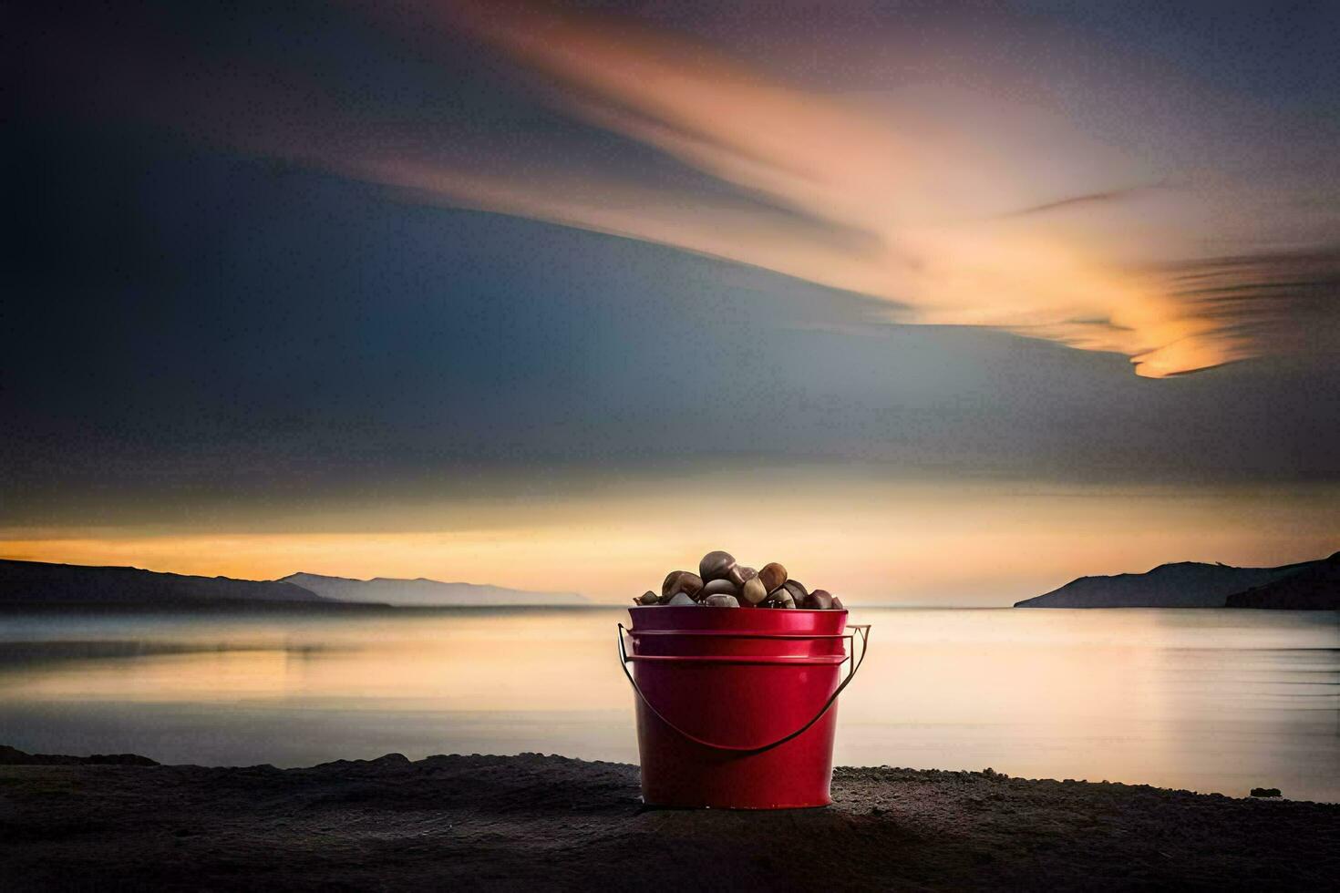 ein rot Eimer gefüllt mit Nüsse auf das Strand beim Sonnenuntergang. KI-generiert foto