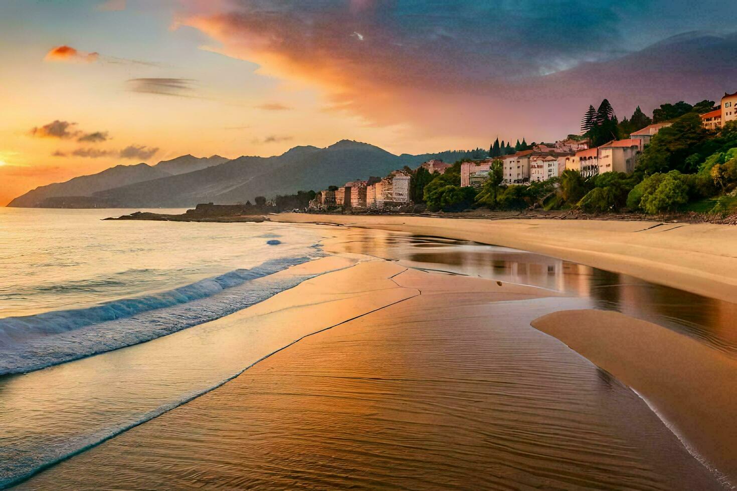 ein Strand beim Sonnenuntergang mit Häuser und Berge im das Hintergrund. KI-generiert foto