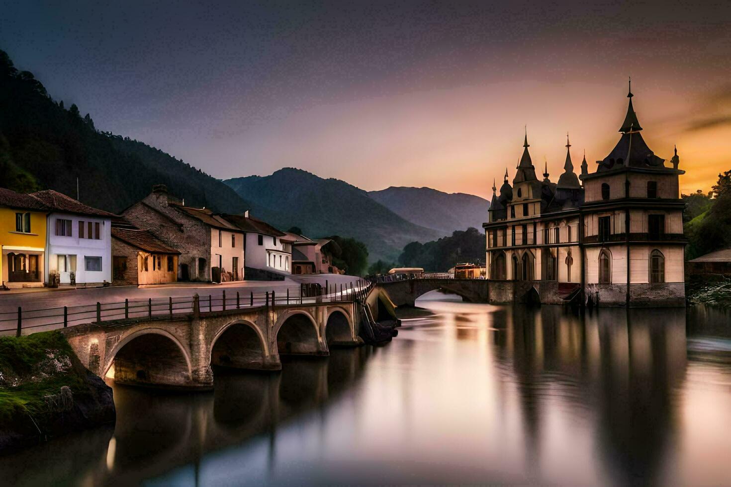 Foto Hintergrund das Himmel, Wasser, Brücke, Fluss, Berge, Kirche, Brücke, Fluss,. KI-generiert