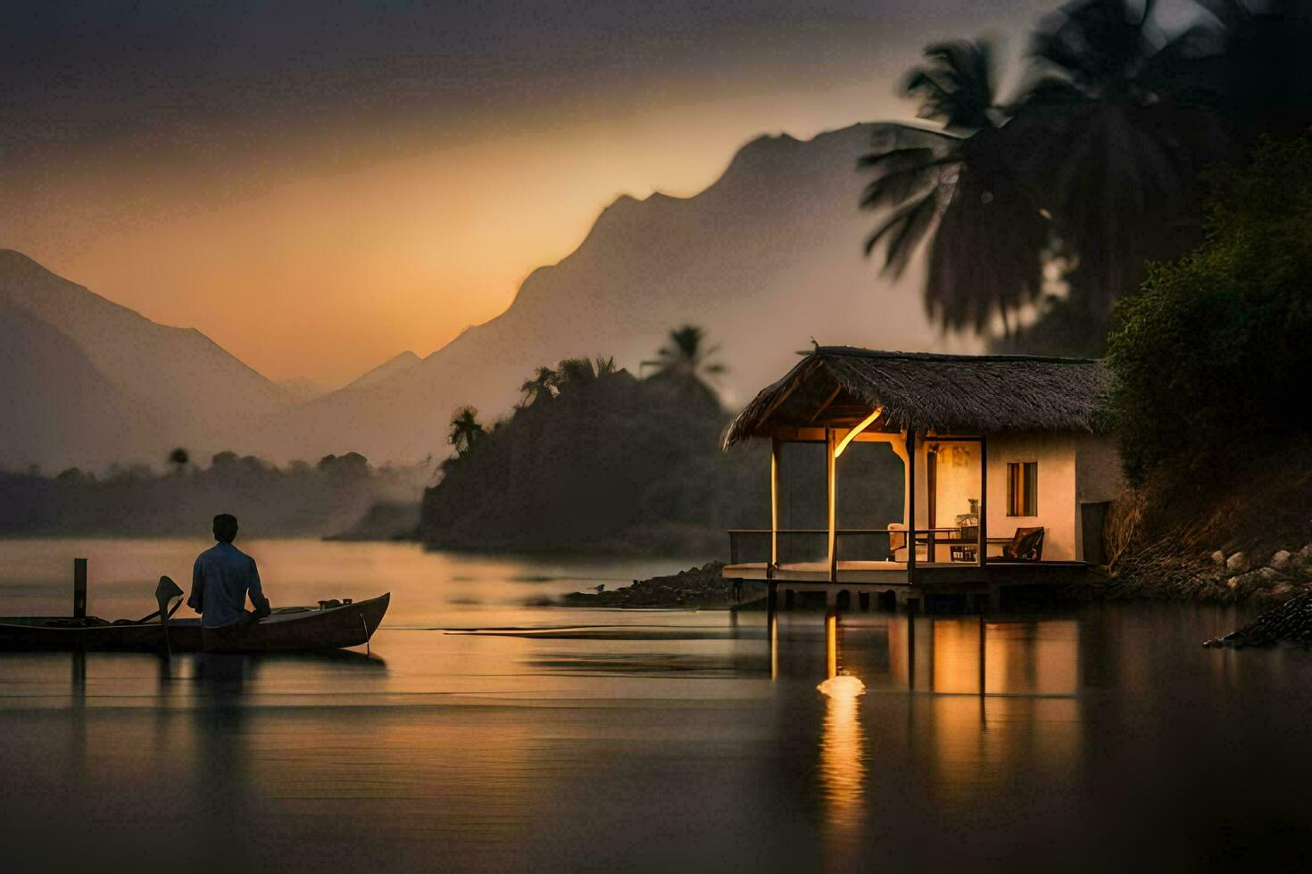 ein Mann im ein Boot auf das Fluss beim Sonnenuntergang. KI-generiert foto