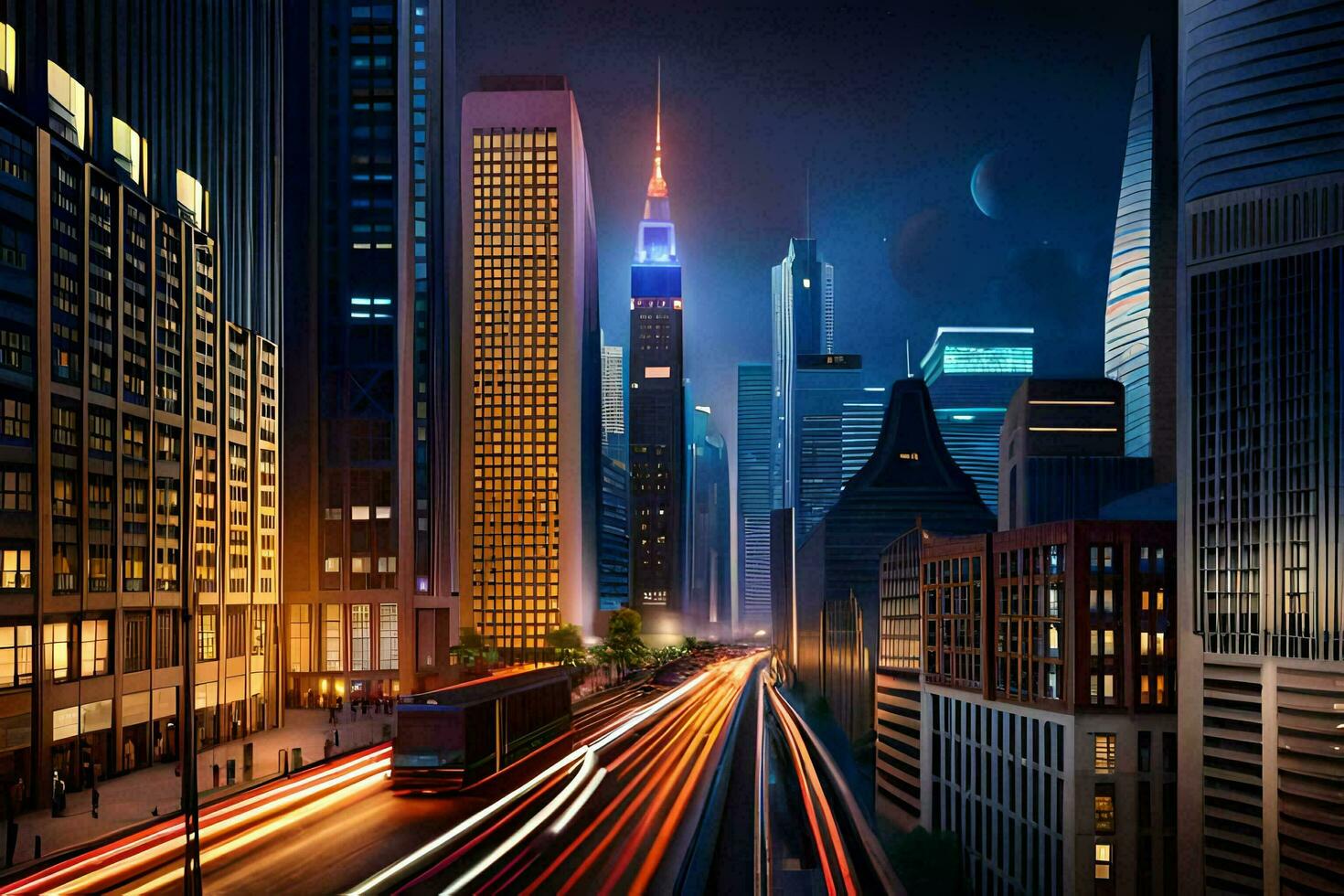 ein Stadt beim Nacht mit Beleuchtung auf das Gebäude. KI-generiert foto