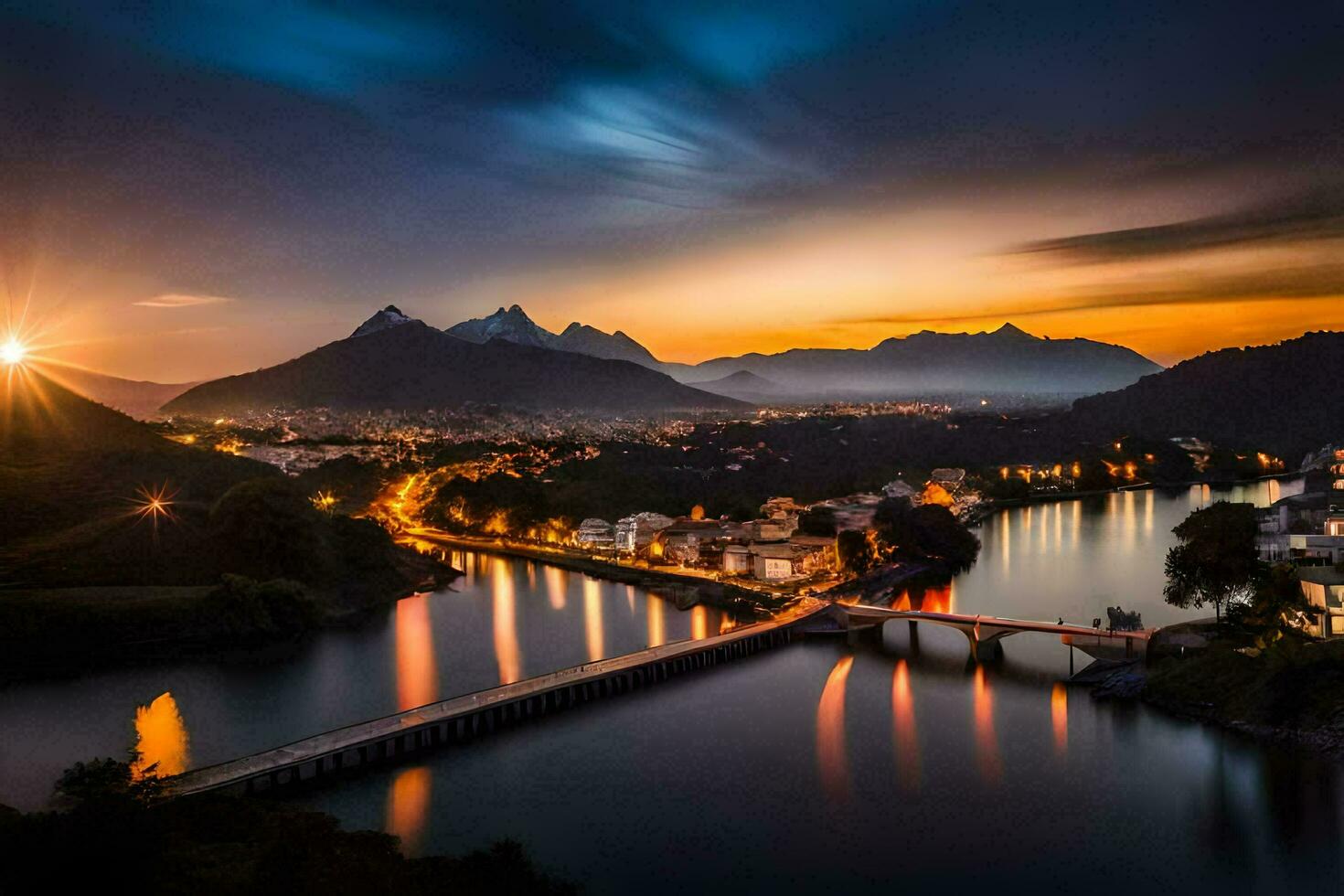 Foto Hintergrund das Himmel, Berge, Brücke, Stadt, Fluss, Sonnenuntergang, See, Berge,. KI-generiert