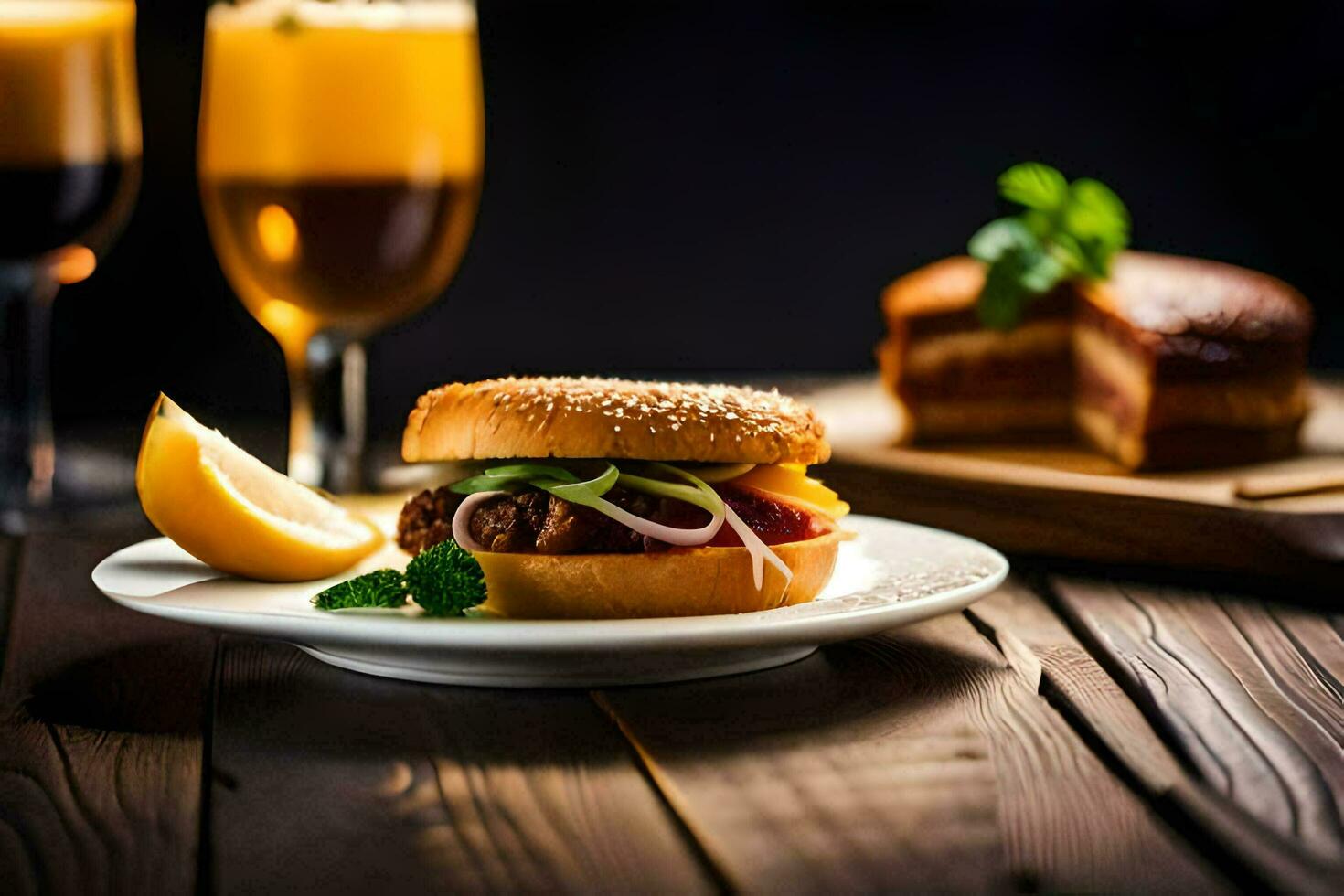 ein Hamburger und ein Glas von Orange Saft. KI-generiert foto