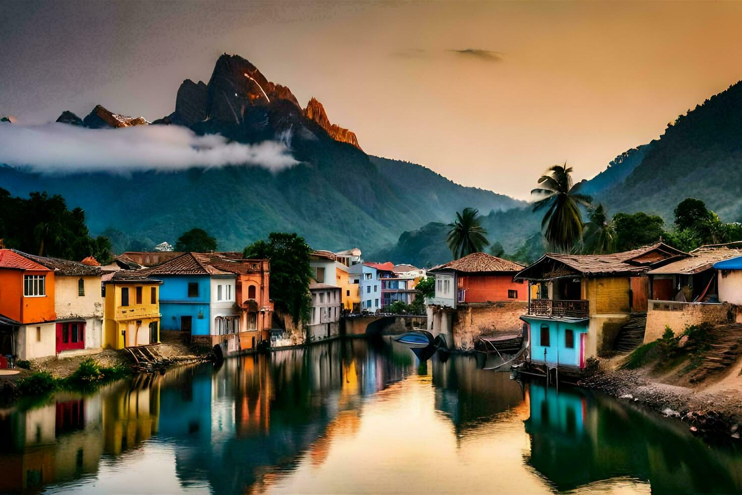 bunt Häuser Linie das Banken von ein Fluss. KI-generiert foto