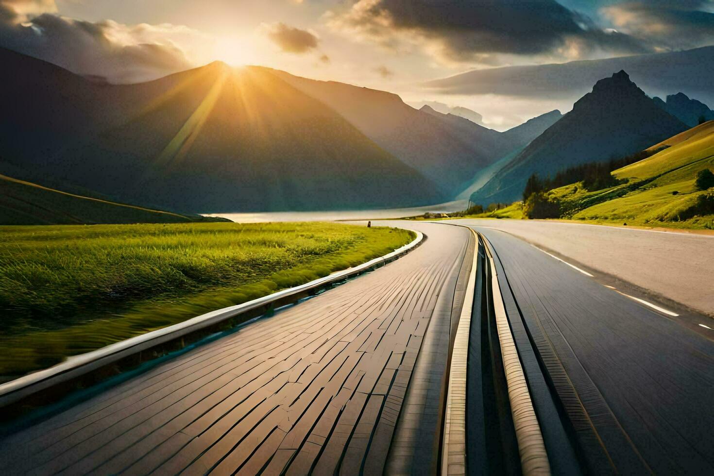 ein lange Straße mit Berge im das Hintergrund. KI-generiert foto