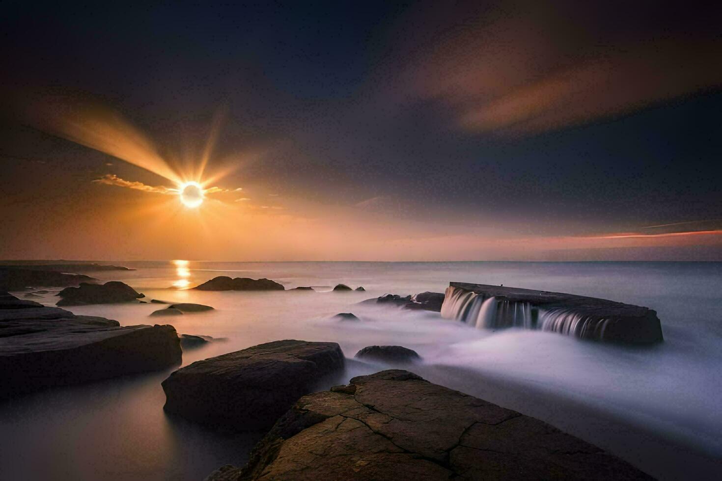 das Sonne steigt an Über das Ozean und Felsen. KI-generiert foto