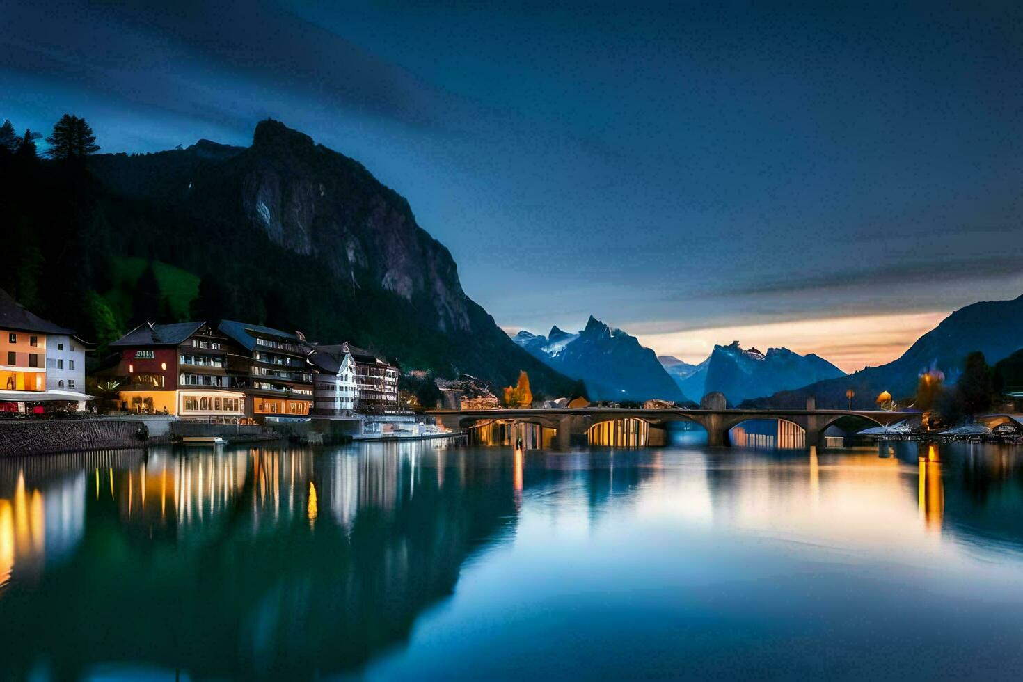 das Stadt, Dorf von hallstatt, Schweiz, beim Dämmerung. KI-generiert foto