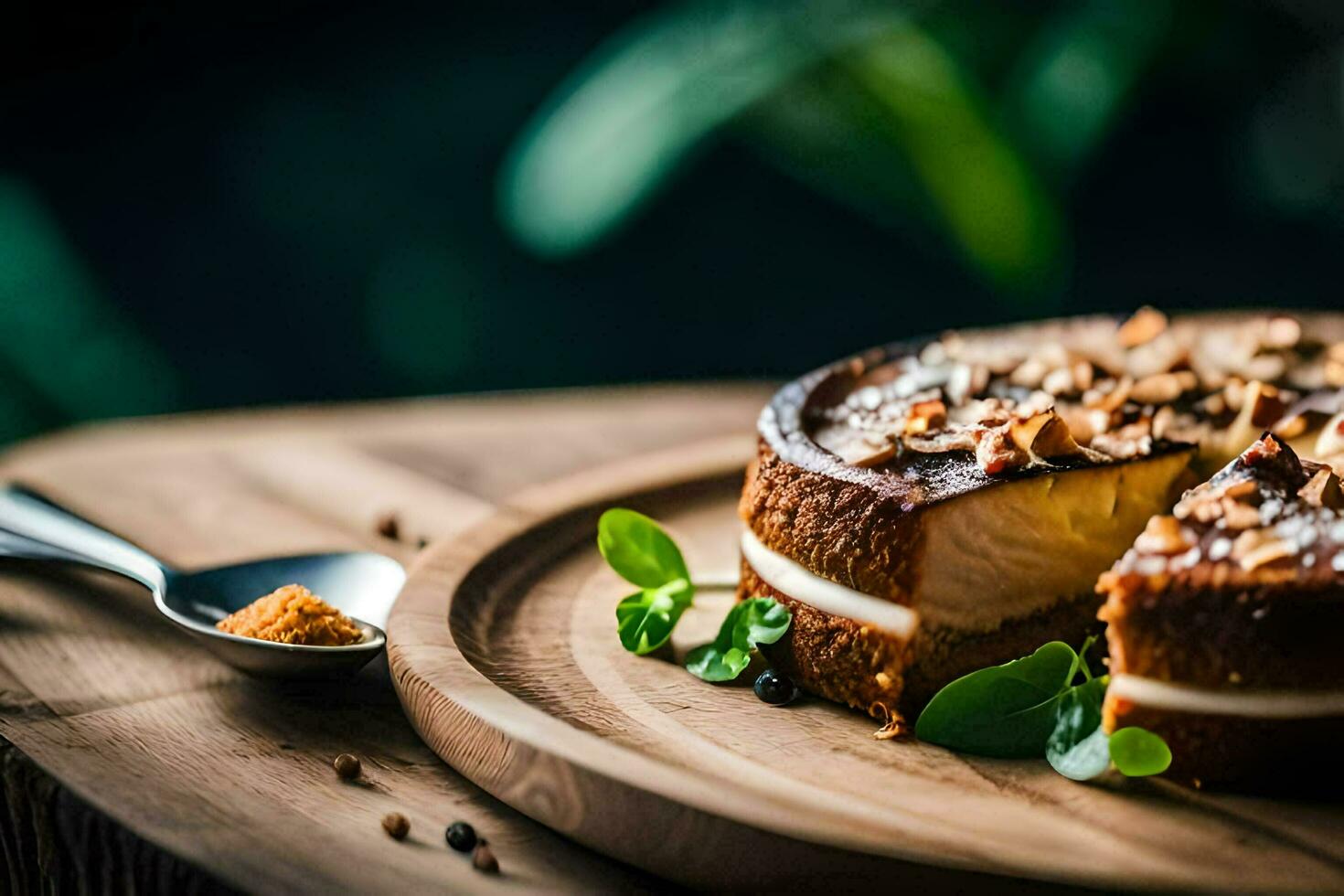 ein Scheibe von Käsekuchen auf ein hölzern Platte. KI-generiert foto