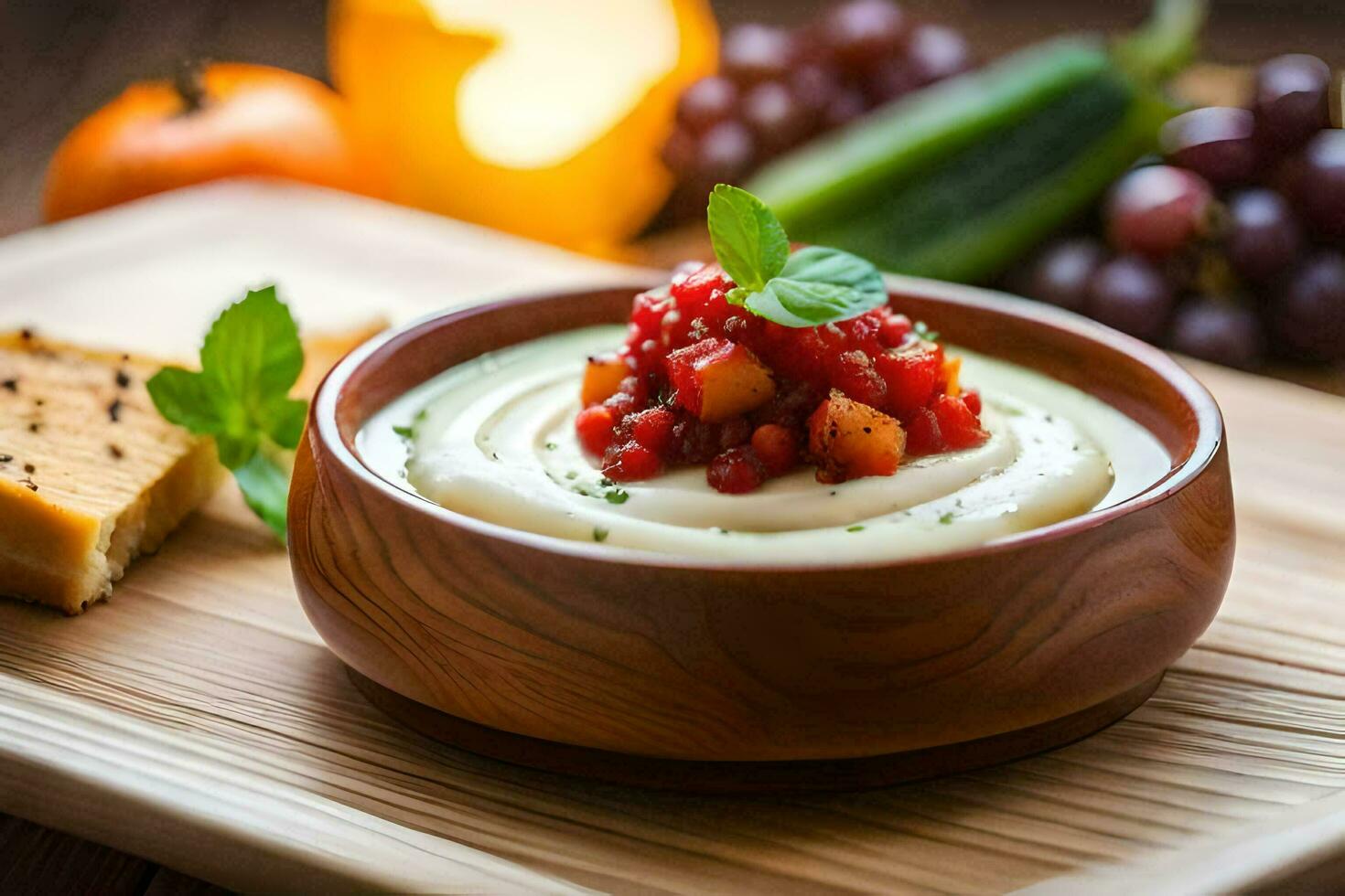 ein Schüssel von Hummus mit ein Scheibe von Brot und Trauben. KI-generiert foto