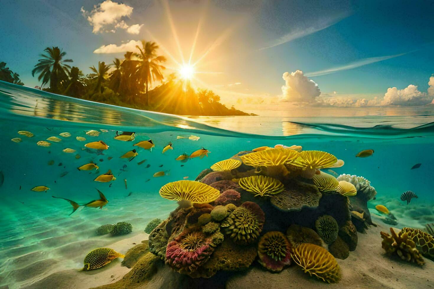das Sonne scheint Über ein Koralle Riff und tropisch Fisch. KI-generiert foto