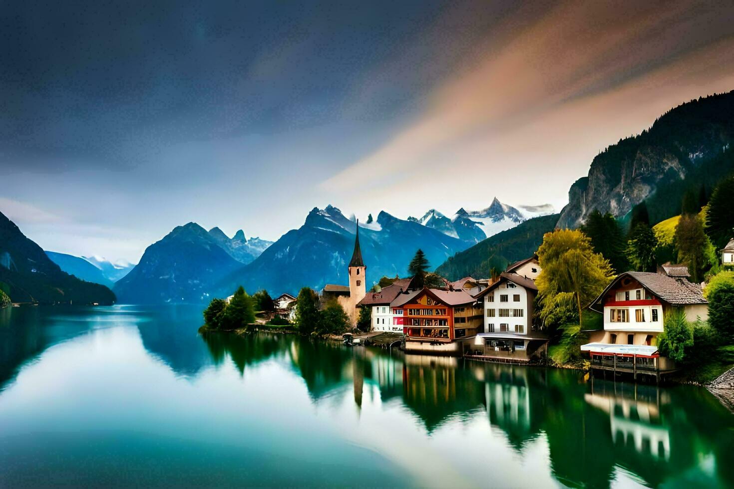 ein Stadt, Dorf sitzt auf das Kante von ein See umgeben durch Berge. KI-generiert foto