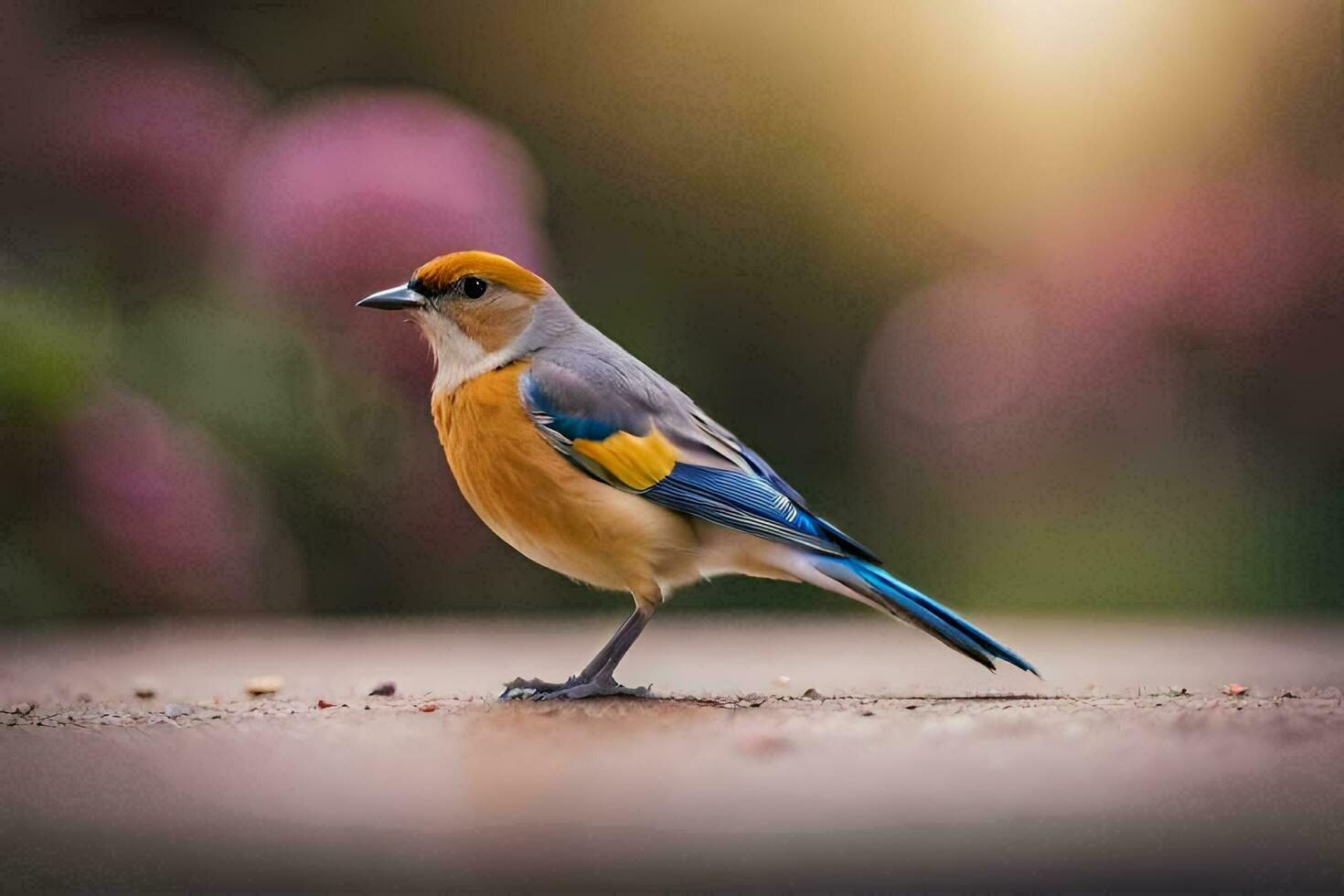 ein klein Vogel mit ein Blau und Gelb Kopf. KI-generiert foto
