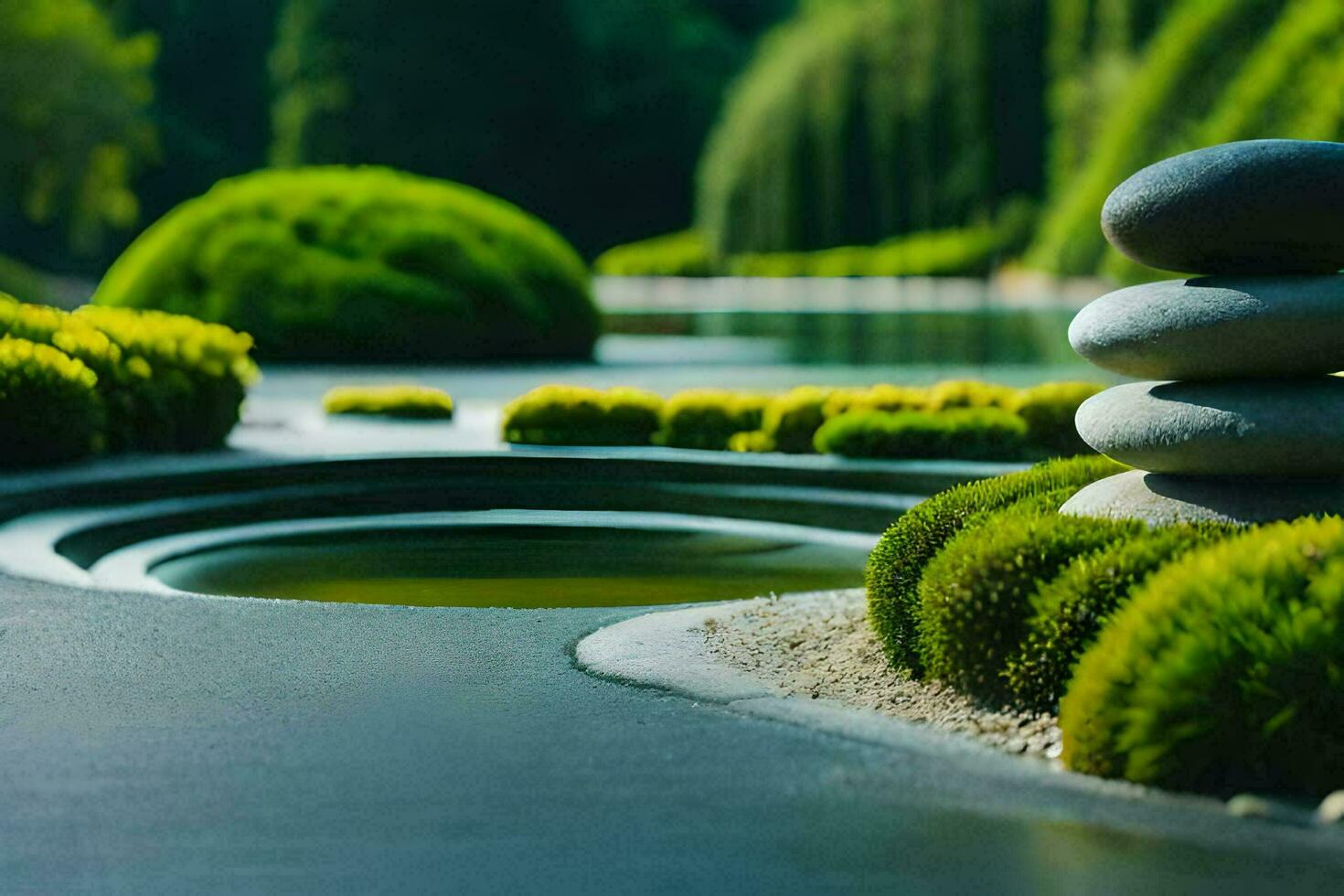 ein japanisch Garten mit Steine und Gebüsch. KI-generiert foto