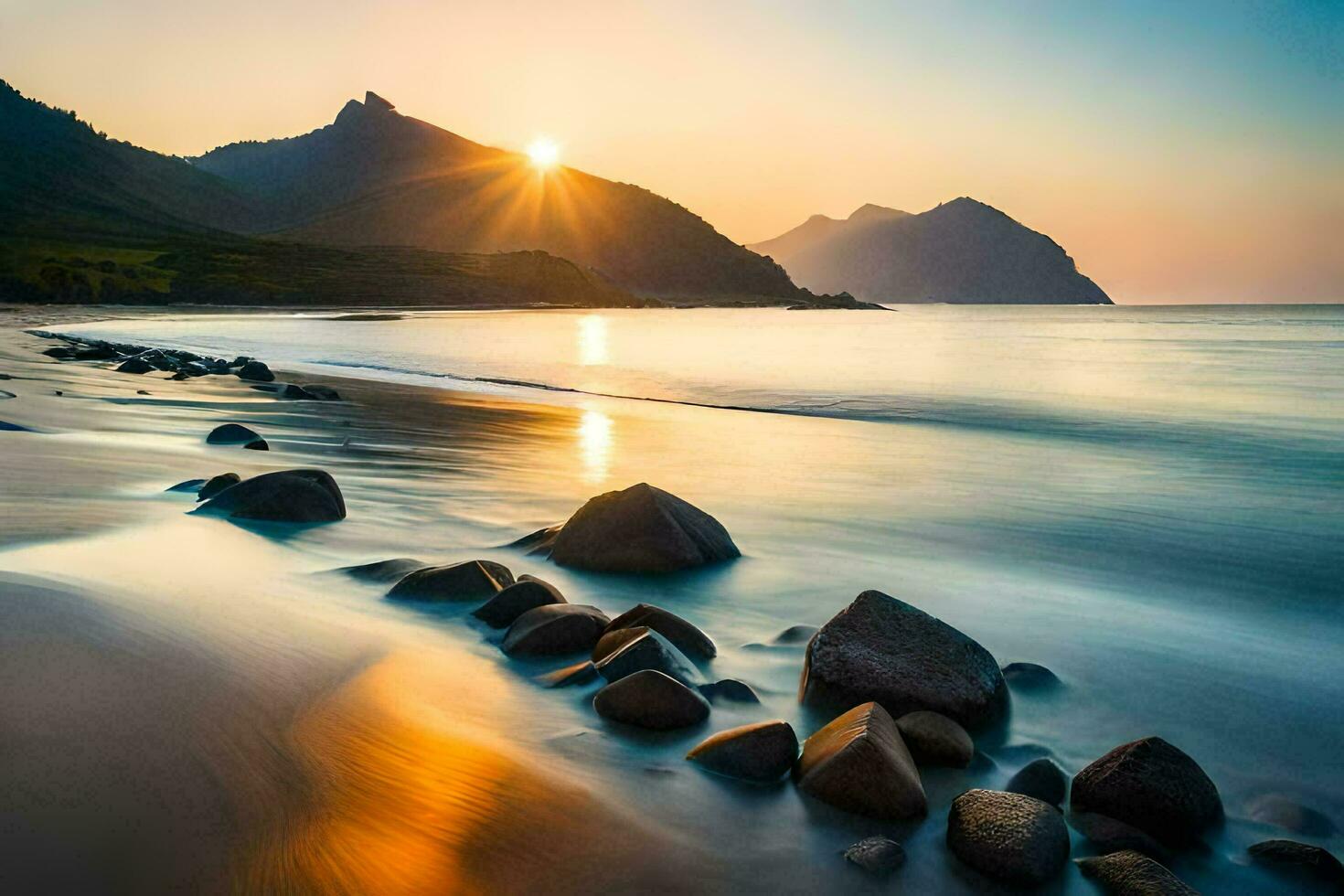 das Sonne steigt an Über ein Strand mit Felsen und Wasser. KI-generiert foto