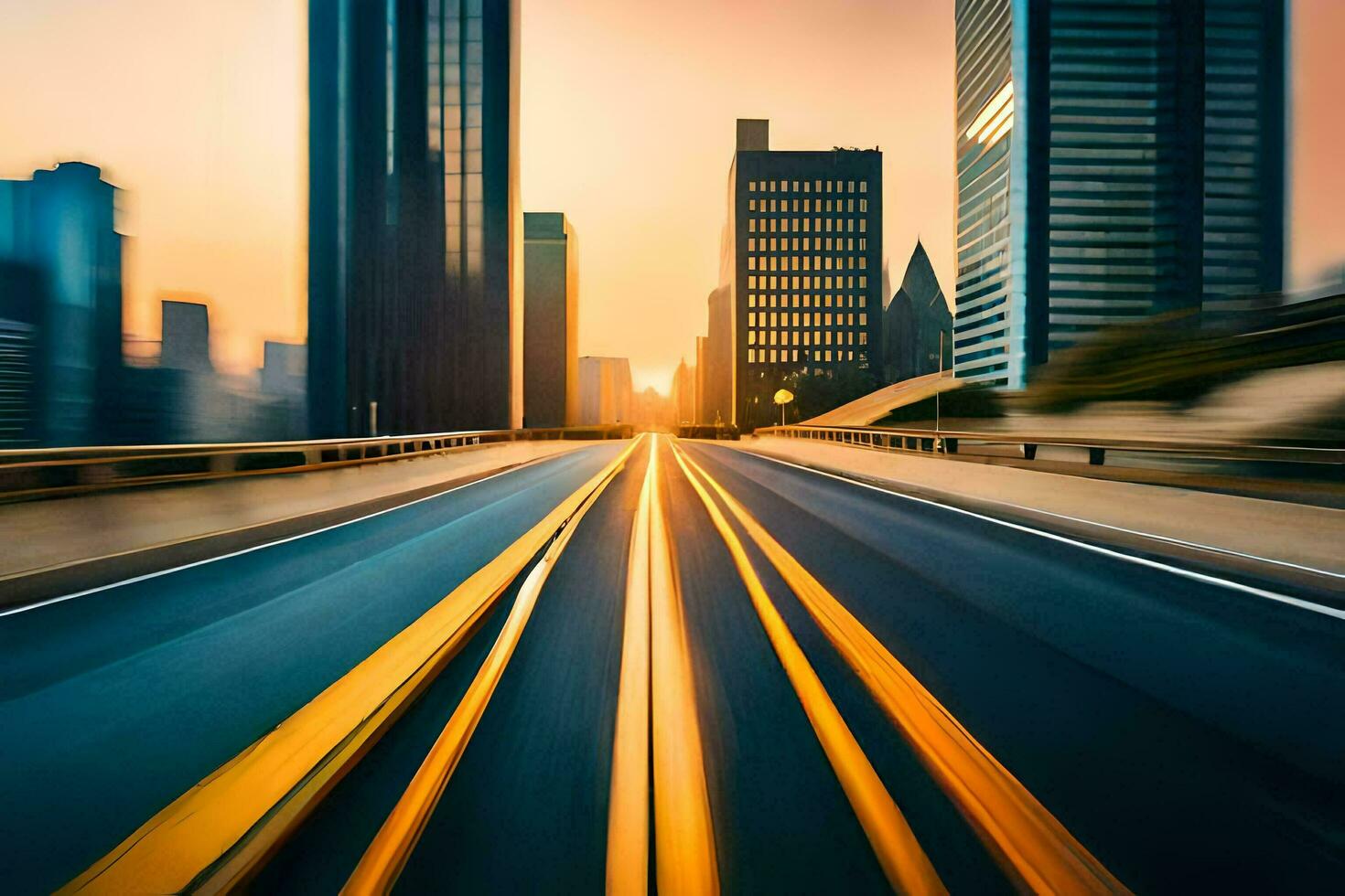 ein verschwommen Bild von ein Stadt Straße beim Sonnenuntergang. KI-generiert foto