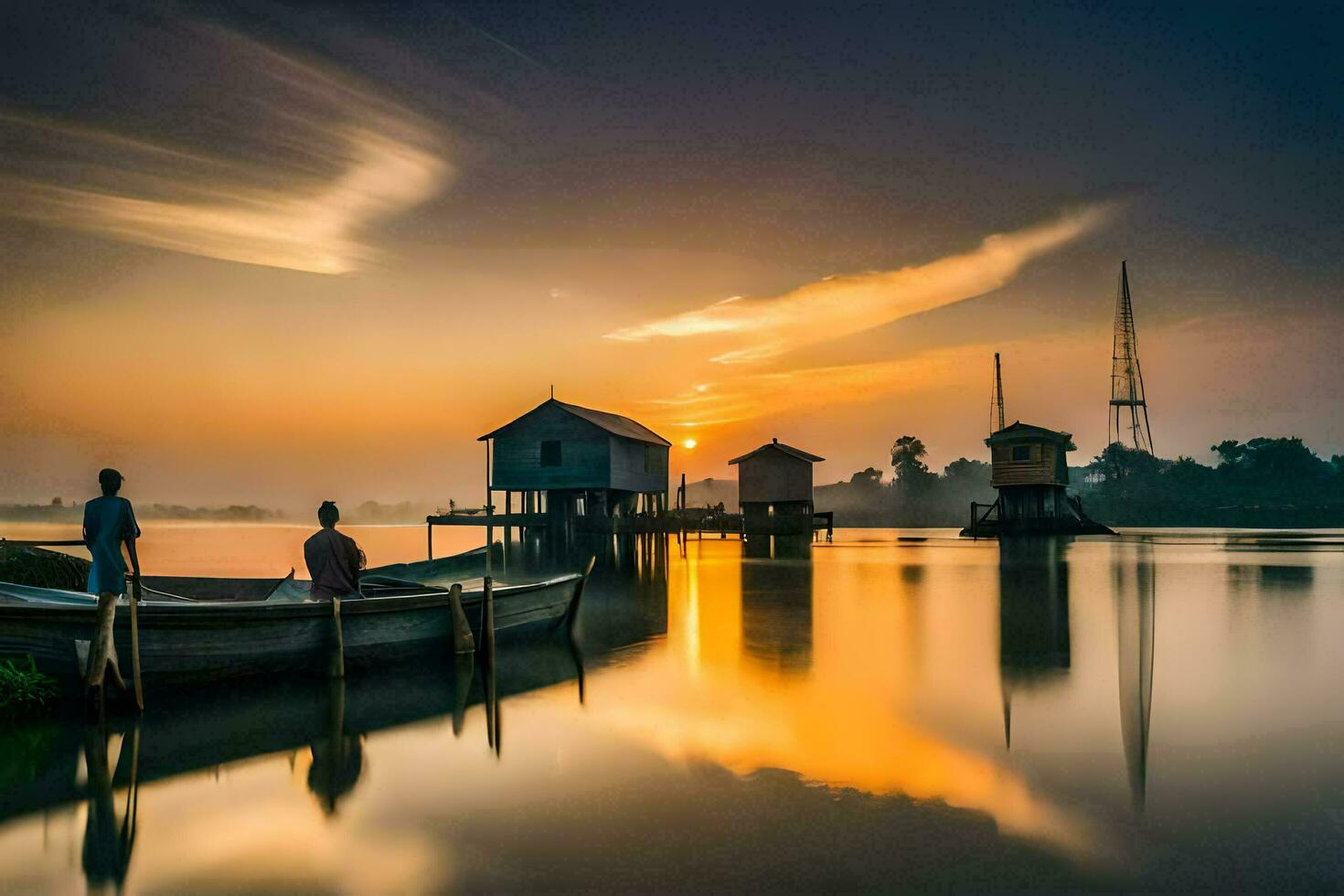 zwei Menschen sind Sitzung auf ein Boot im das Wasser beim Sonnenuntergang. KI-generiert foto