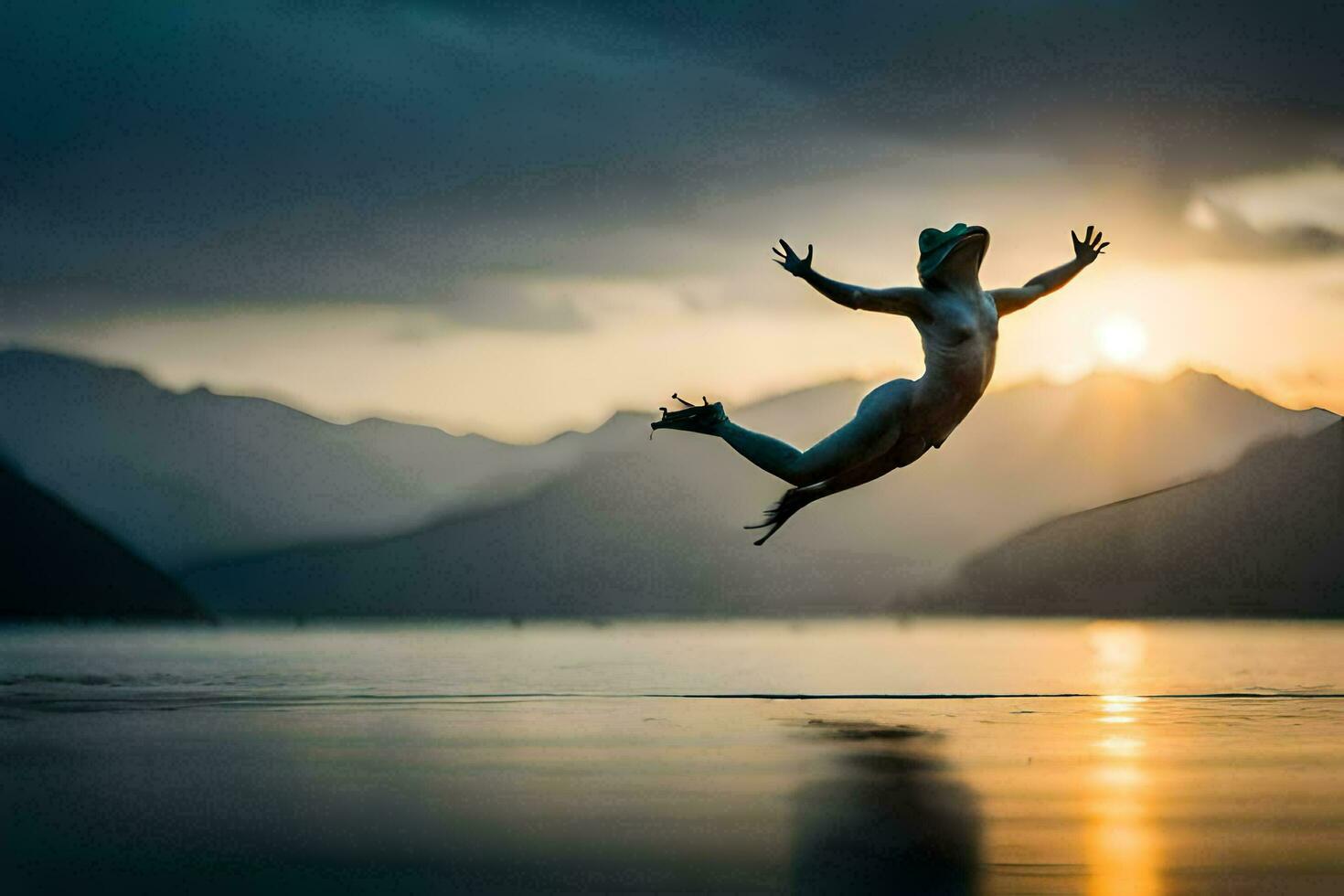 ein Frau springt in das Luft im Vorderseite von ein See. KI-generiert foto