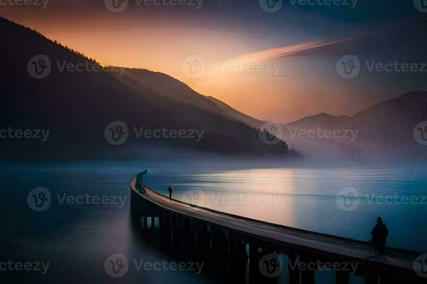 ein Person Spaziergänge entlang ein Seebrücke beim Sonnenuntergang. KI-generiert foto