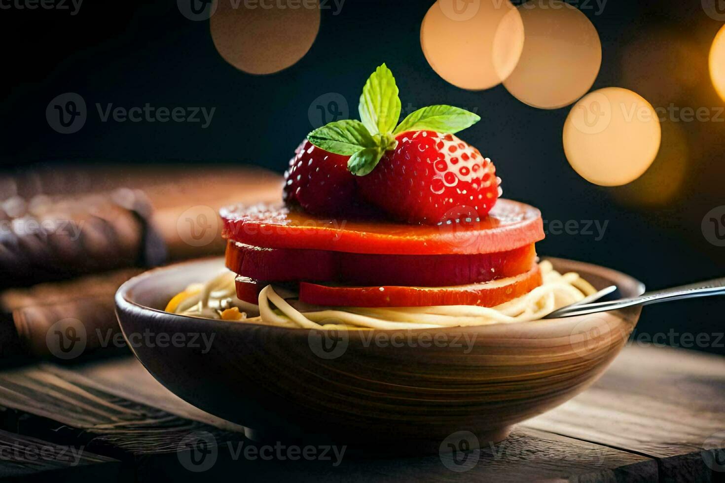 ein Schüssel von Spaghetti mit Erdbeeren und Tomaten. KI-generiert foto