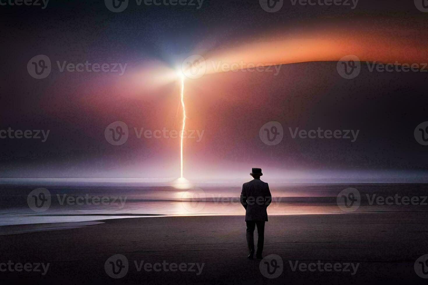 ein Mann Stehen auf das Strand suchen beim ein Blitz Bolzen. KI-generiert foto