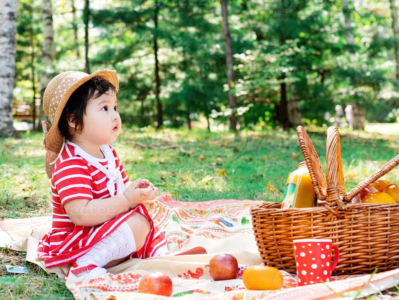 süßes kleines Baby in einem roten Kleid und Hut auf einem Picknick im Park foto