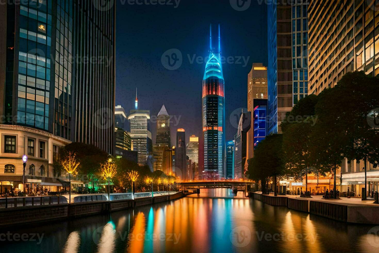das Chicago Horizont beim Nacht mit das Fluss und Gebäude. KI-generiert foto