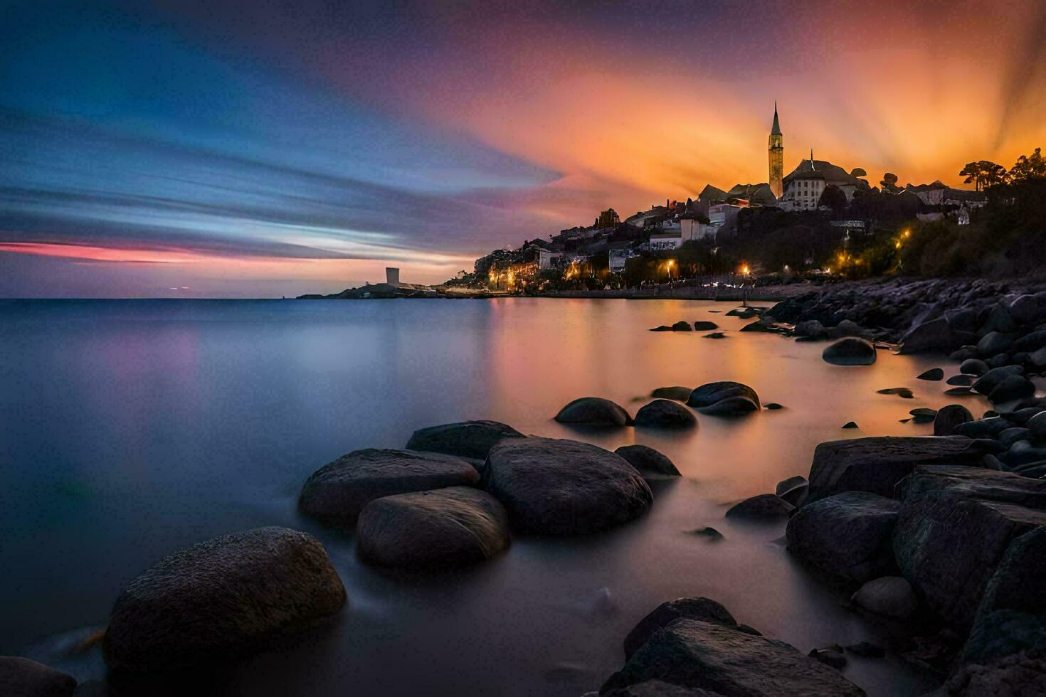 das Sonnenuntergang Über das Meer und Felsen. KI-generiert foto