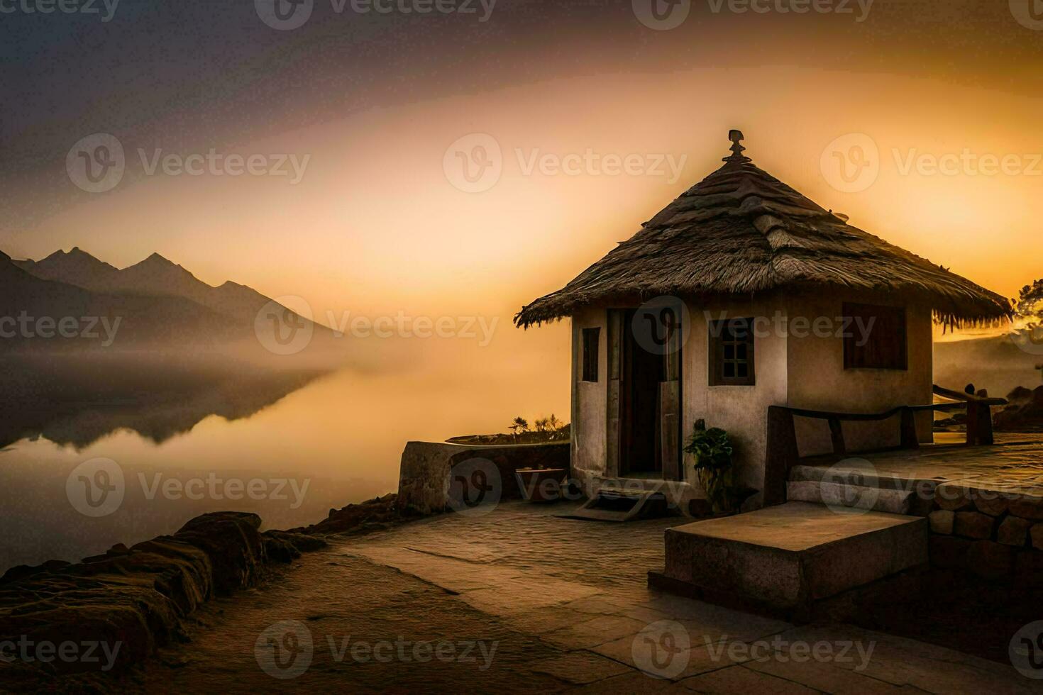 ein klein Hütte sitzt auf das Ufer von ein See beim Sonnenaufgang. KI-generiert foto