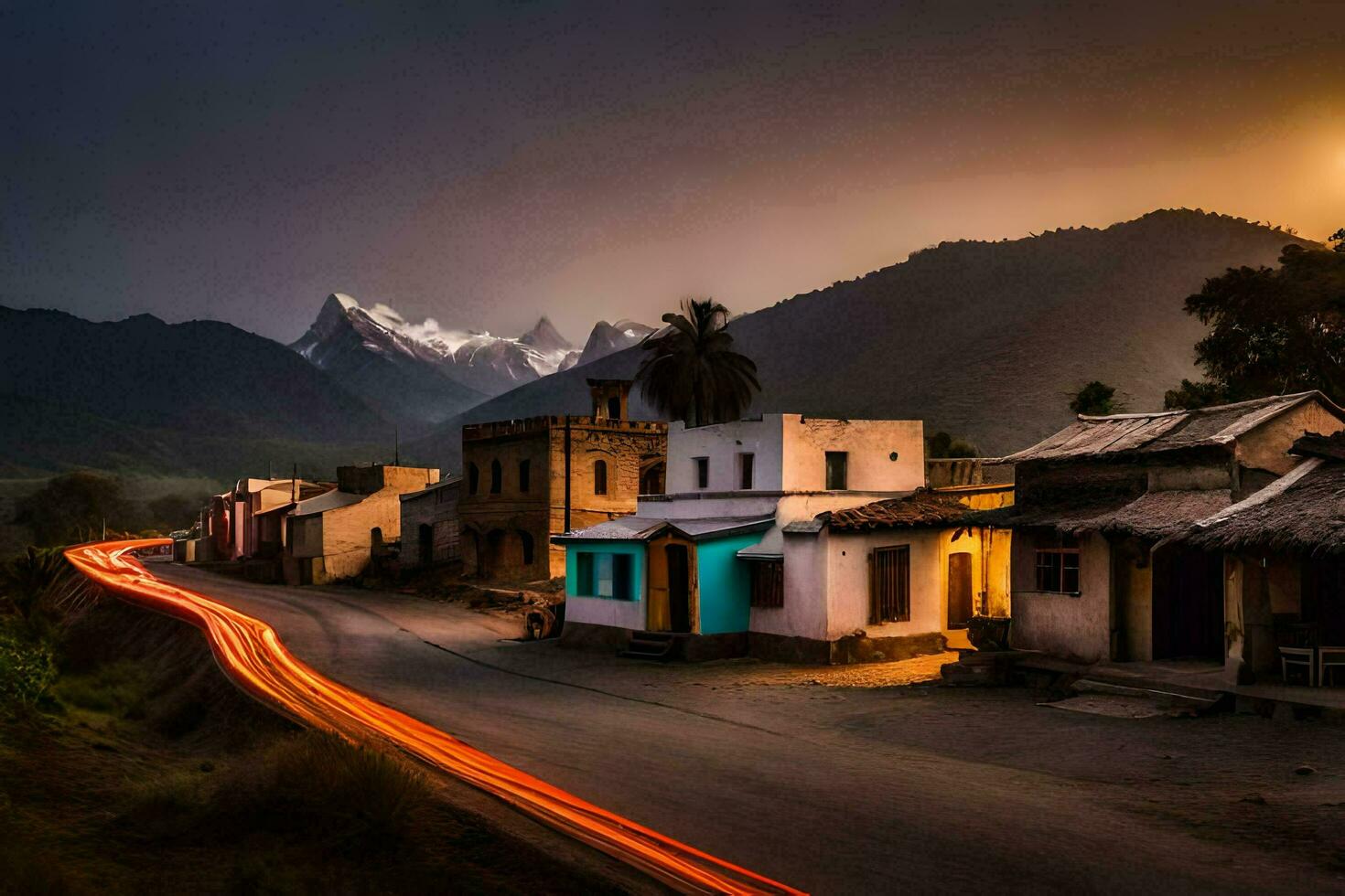 ein Straße im das Berge mit ein Berg im das Hintergrund. KI-generiert foto