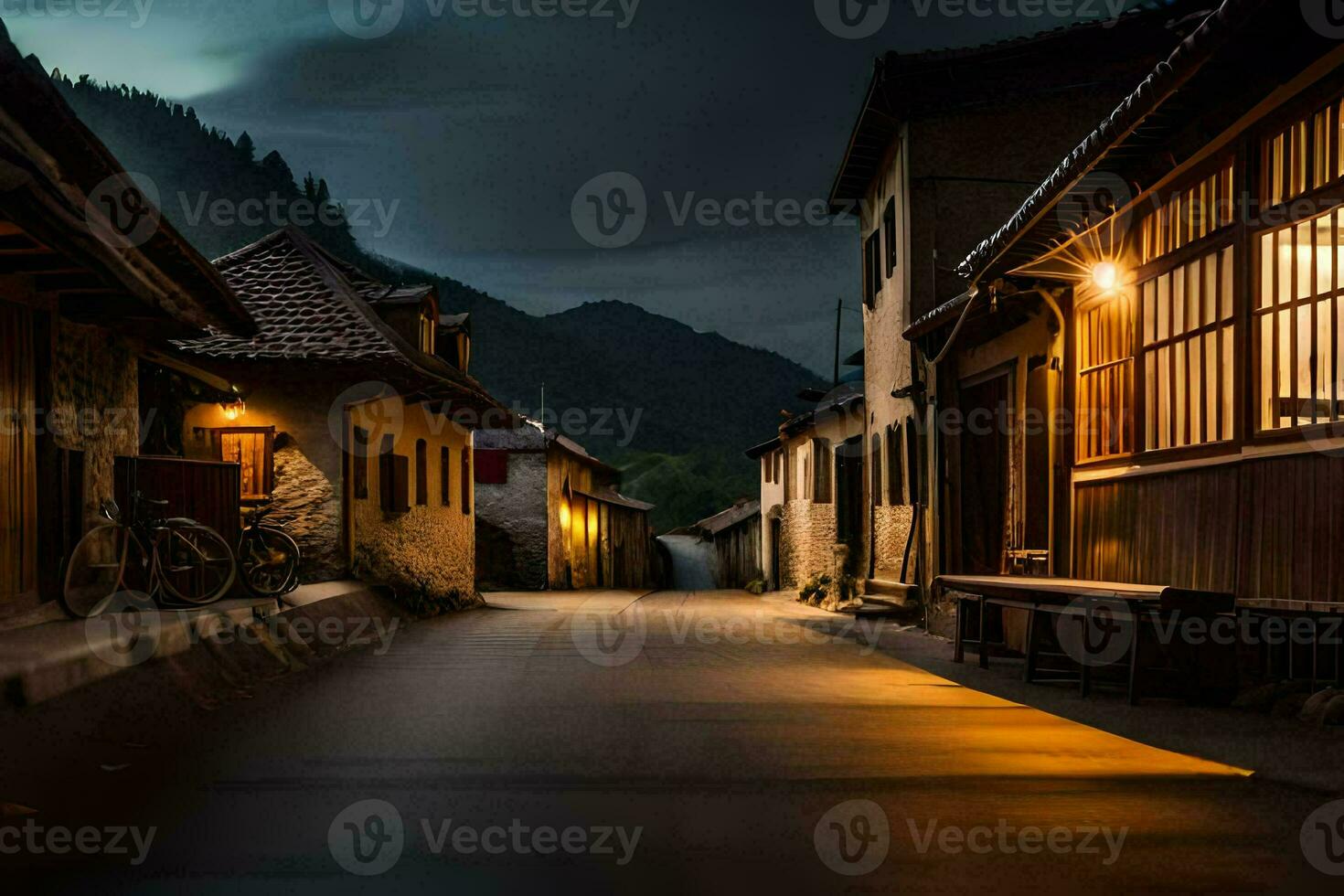 ein dunkel Straße im das Berge beim Nacht. KI-generiert foto