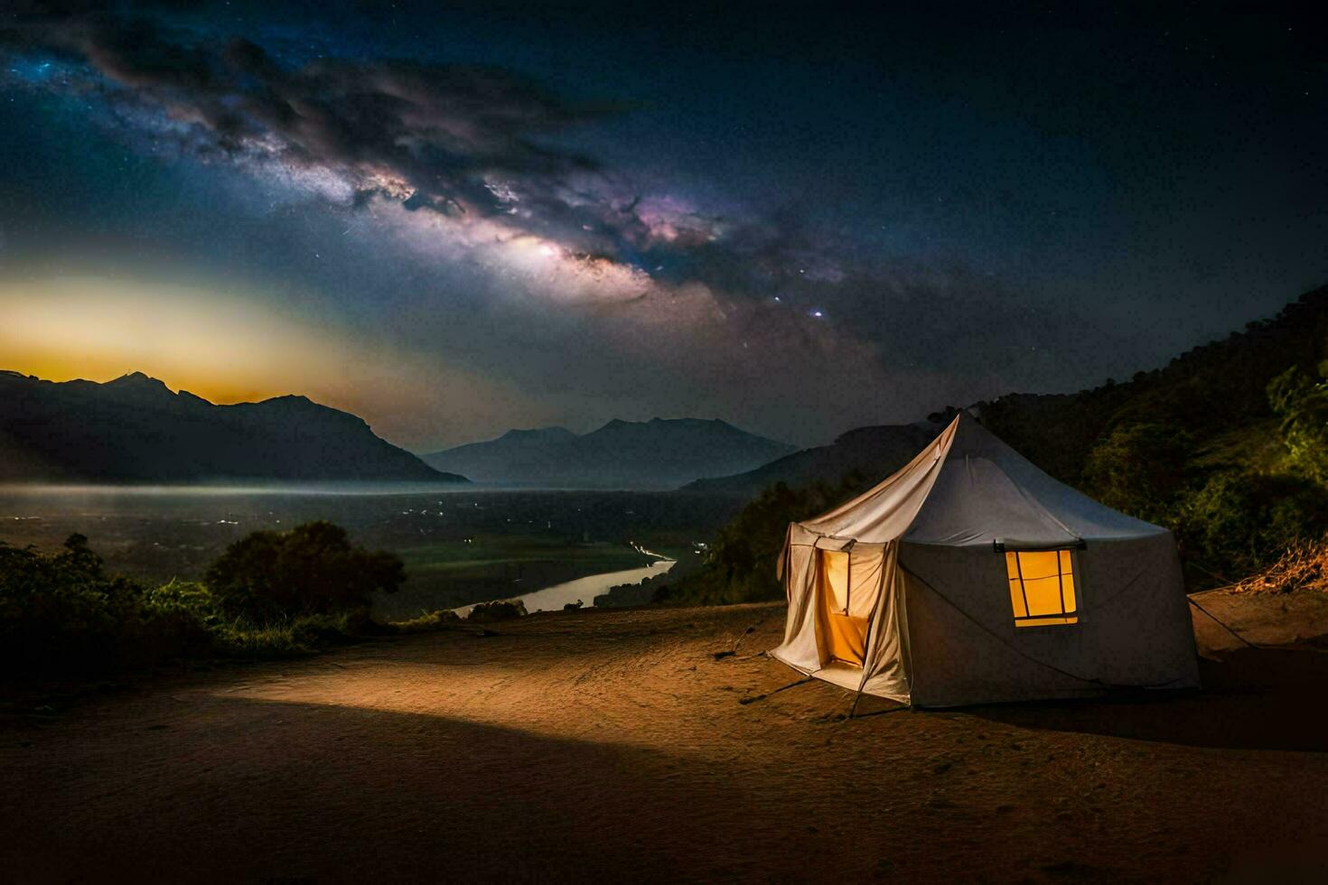 ein Zelt ist zündete oben beim Nacht mit das milchig im das Hintergrund. KI-generiert foto