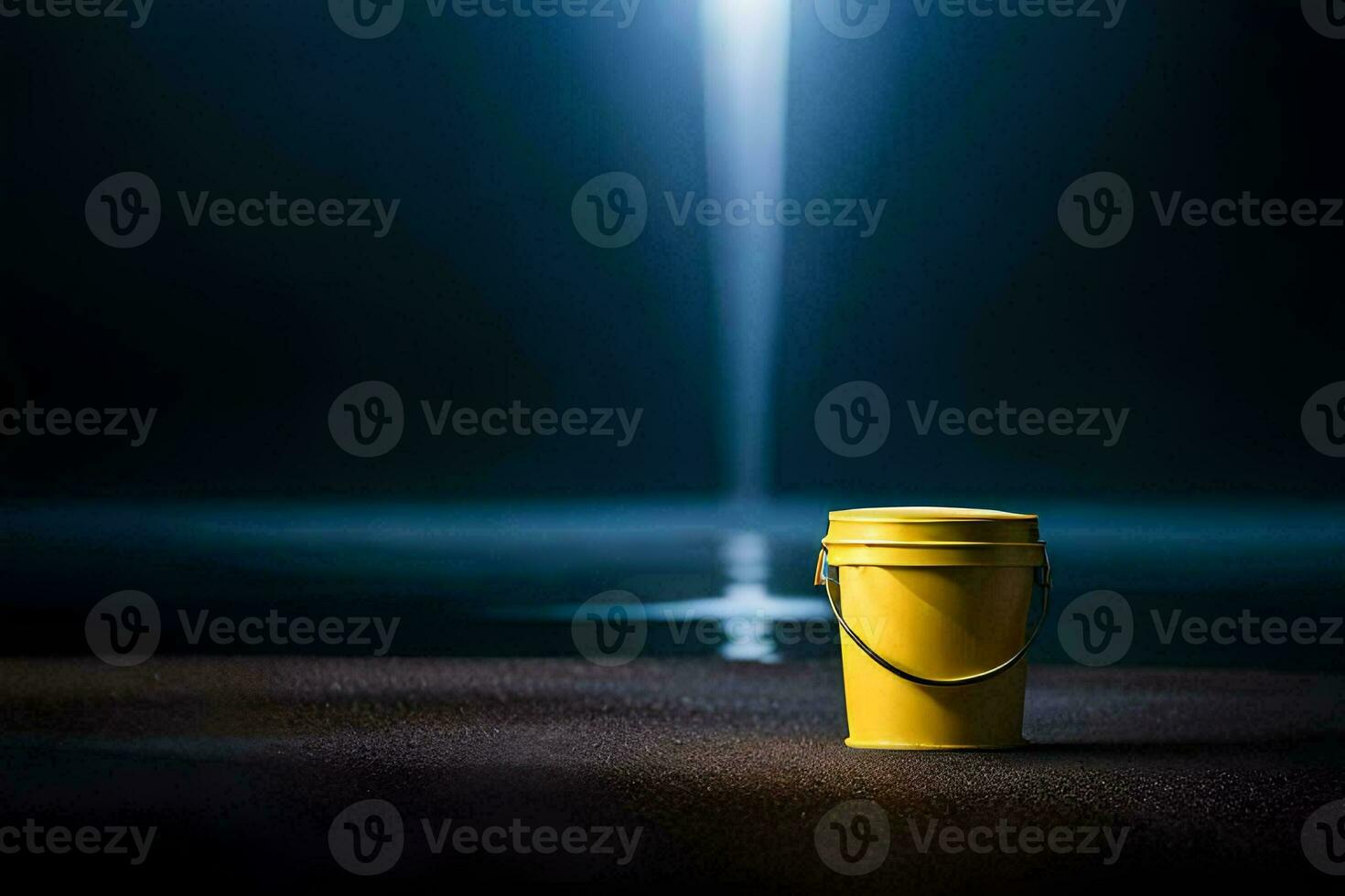 ein Gelb Eimer Sitzung auf das Strand beim Nacht. KI-generiert foto