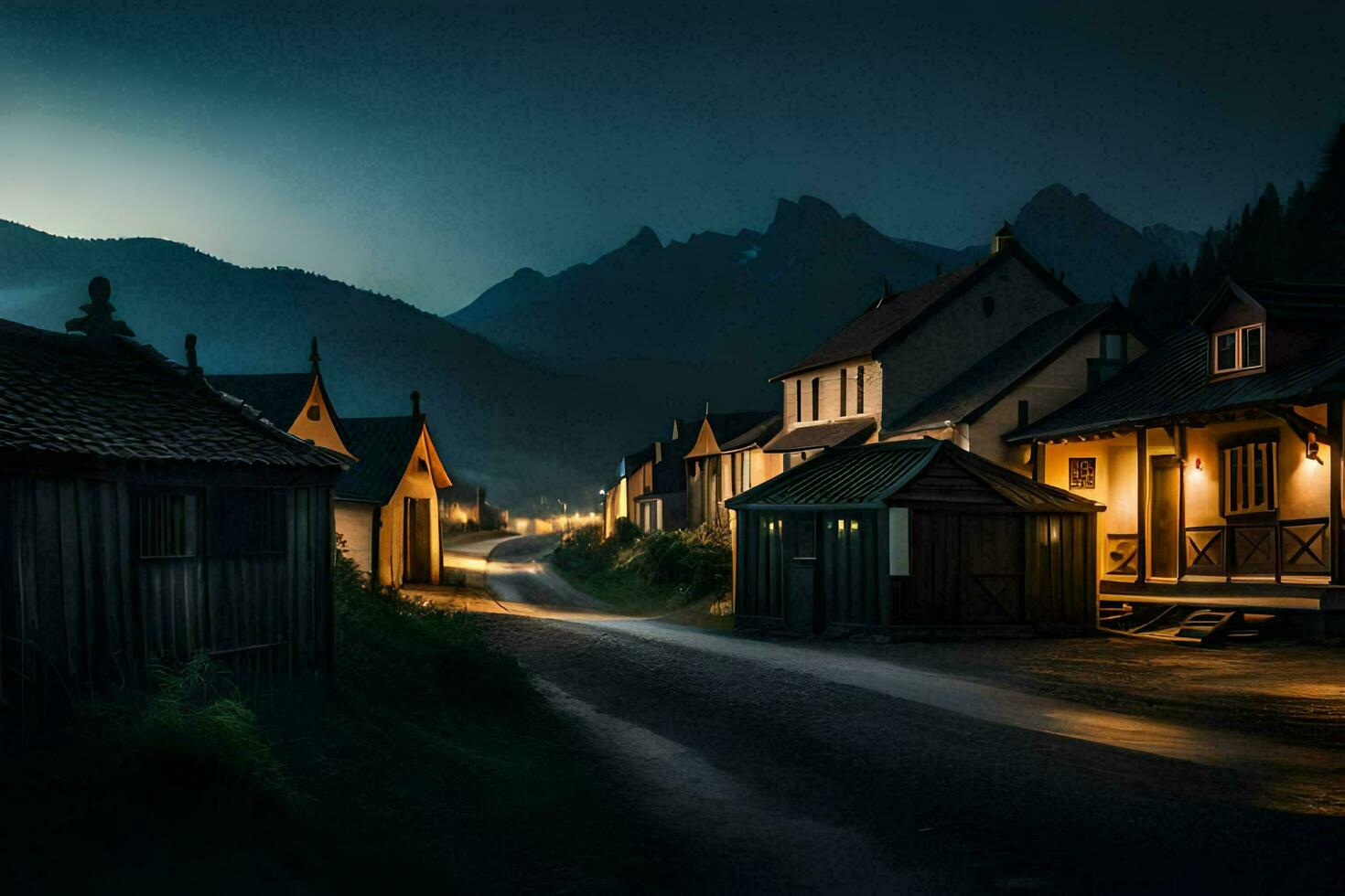 Foto Hintergrund das Himmel, Berge, Nacht, das Dorf, das Straße, das Berge, Die. KI-generiert