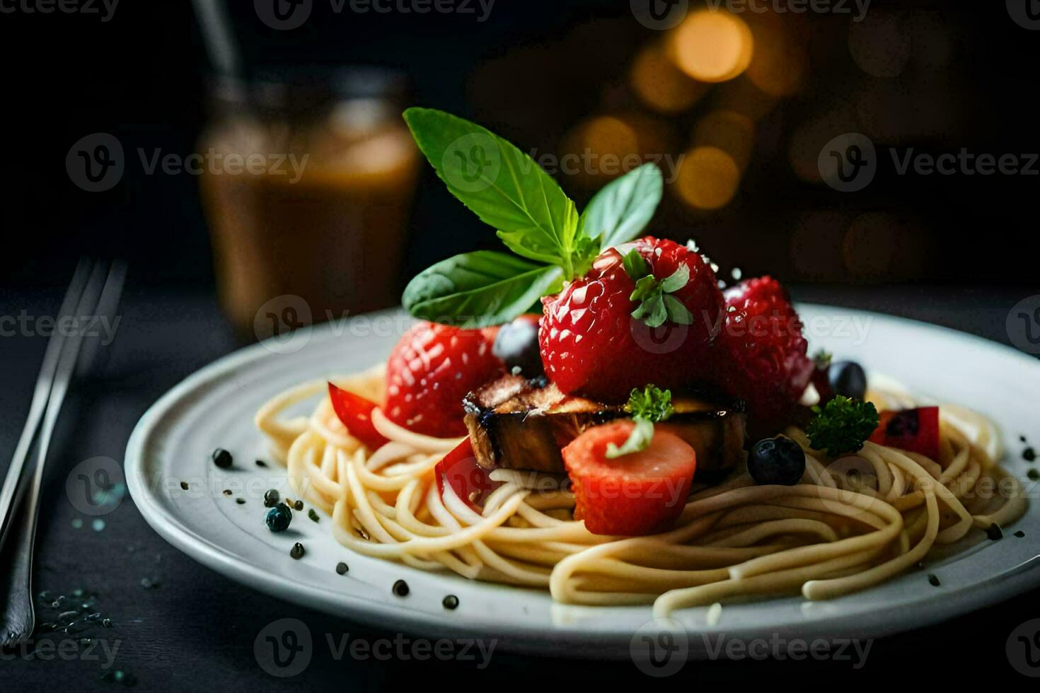 ein Teller von Spaghetti mit Erdbeeren und Basilikum Blätter. KI-generiert foto