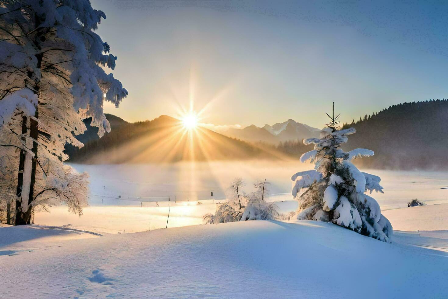 das Sonne scheint hell Über ein schneebedeckt Landschaft. KI-generiert foto