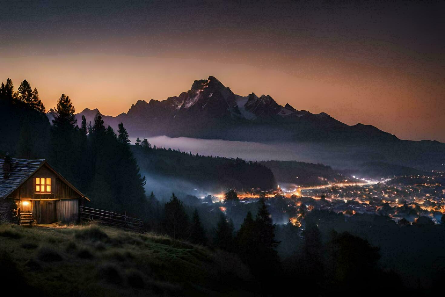 Foto Hintergrund das Himmel, Berge, Nebel, das Nacht, das Berge, das Haus, Die. KI-generiert