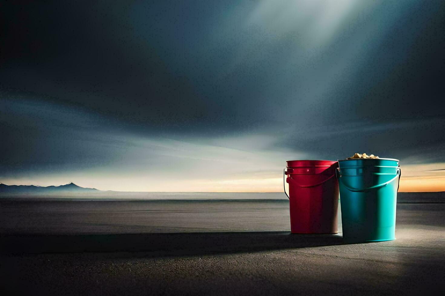 zwei Eimer sitzen auf das Strand mit ein dunkel Himmel hinter ihnen. KI-generiert foto