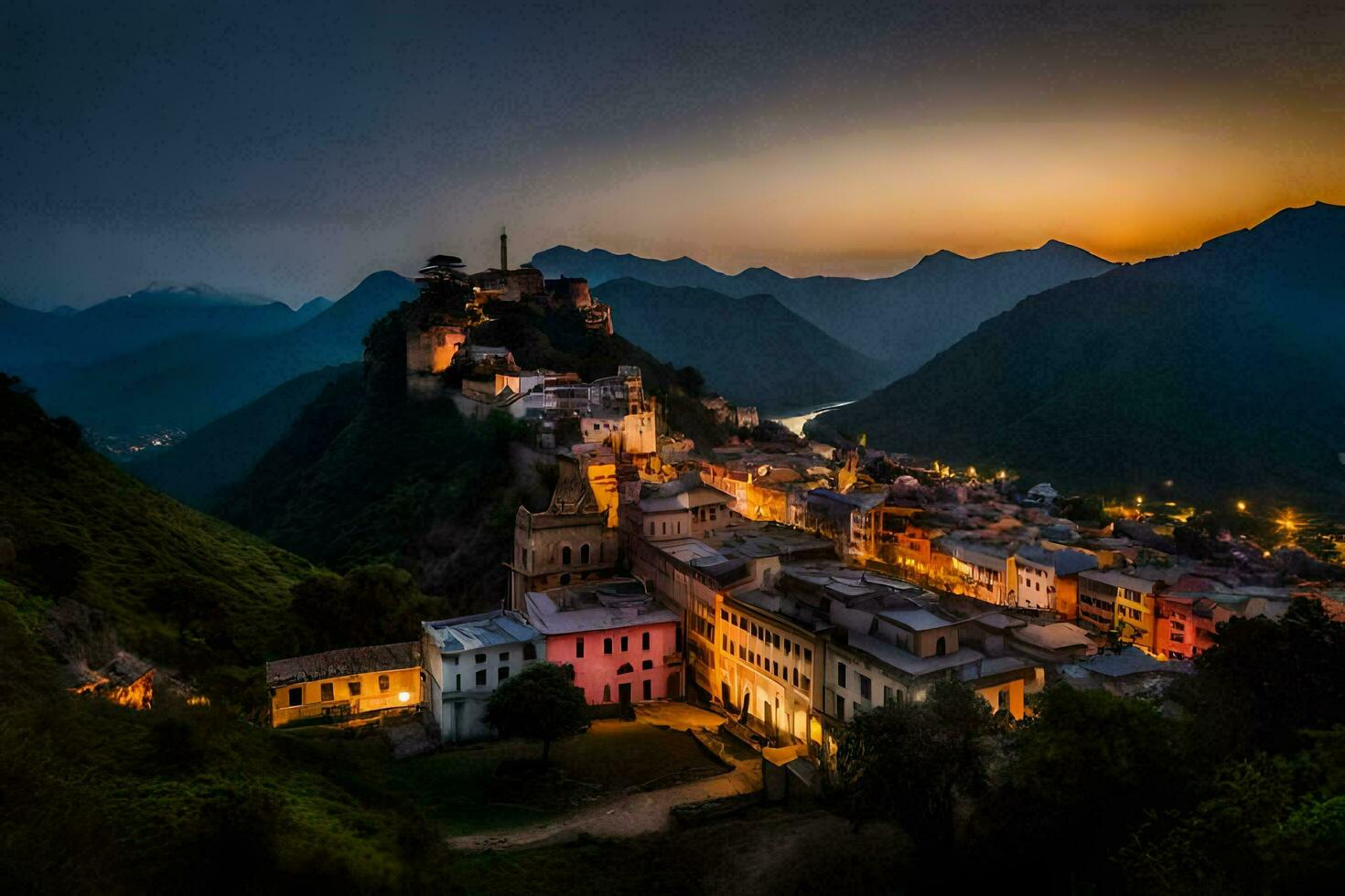 das Stadt, Dorf von Italienisch Dorf beim Dämmerung. KI-generiert foto