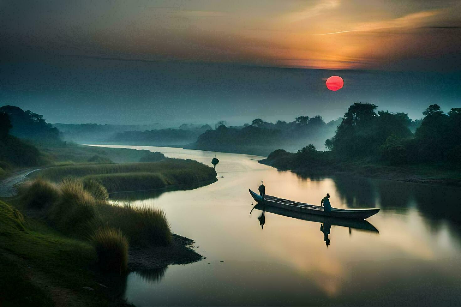 ein Mann im ein Boot auf ein Fluss beim Sonnenuntergang. KI-generiert foto