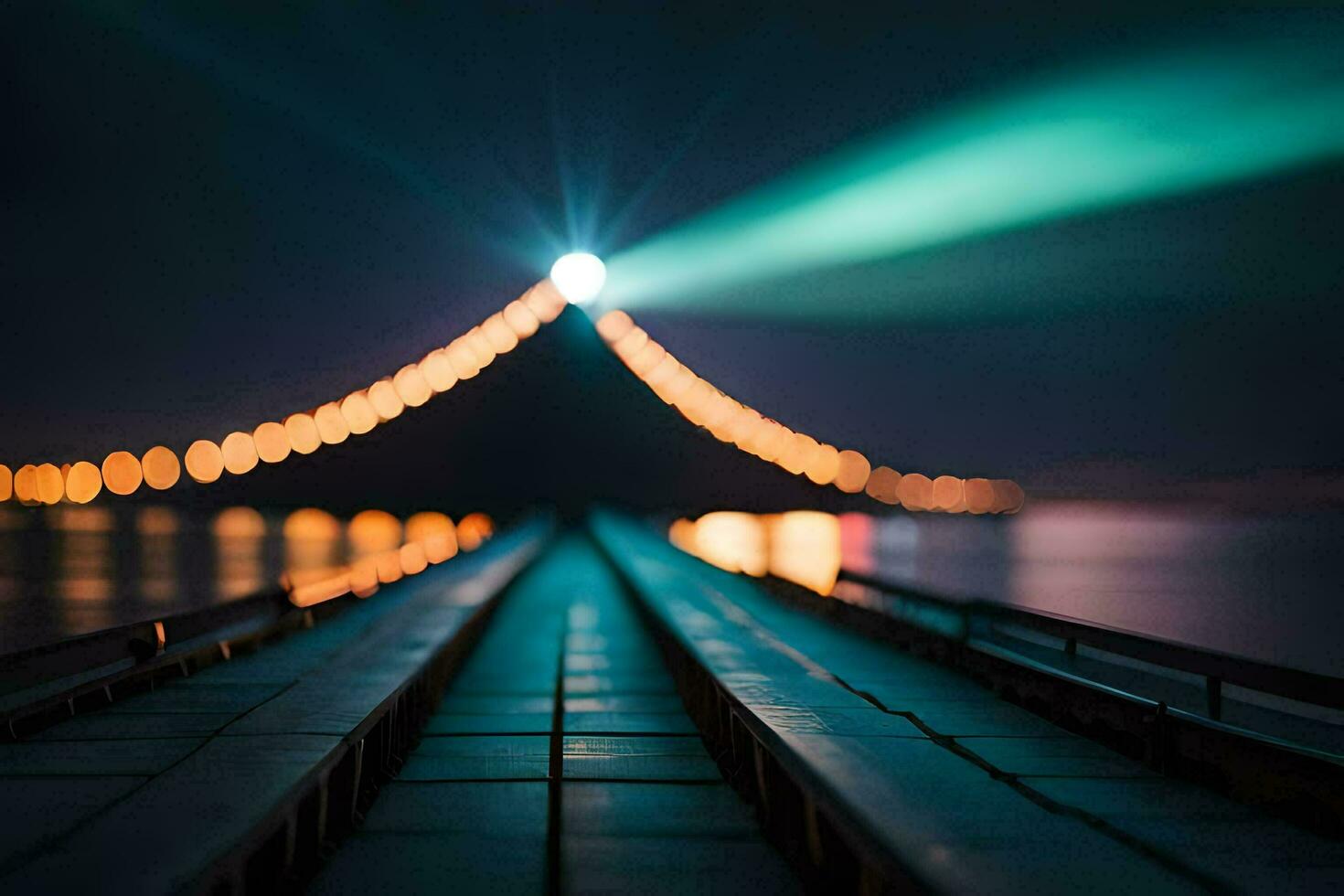 ein lange Brücke mit Beleuchtung auf es beim Nacht. KI-generiert foto