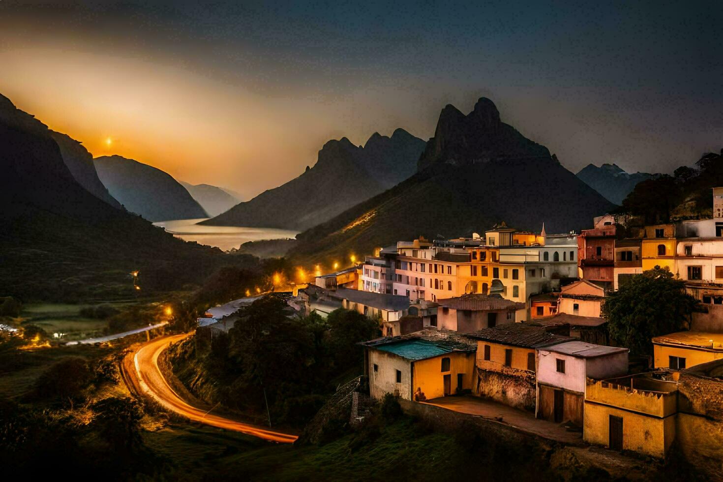 ein Stadt, Dorf im das Berge beim Sonnenuntergang. KI-generiert foto